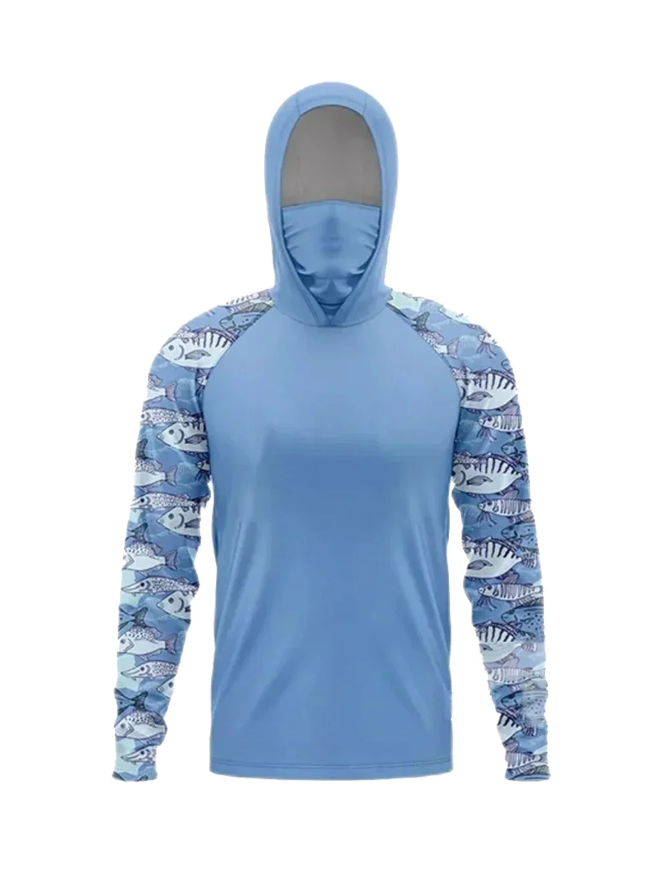 Herren Sommer UPF50+ Angel-Hoodie mit Gesichtsmaske Blau-Schwarz Camo-Druck Schnelltrocknend Atmungsaktiv Langarm Angelhemd – Detail 7