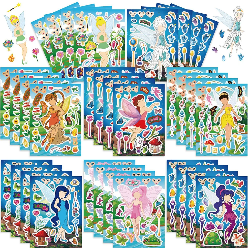 8/16Sheets Children Disney Cartoon Tinker Bell Puzzle Stickers Make a Face Game Boys Girls Kids Assemble Jigsaw Educational Toys