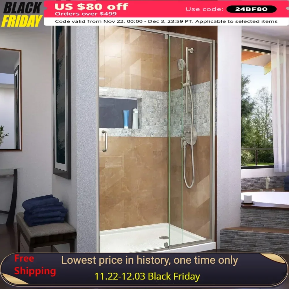 

Shower Door, 38-42 "W X 72 "H, Semi-Frameless Pivot Doors, Brushed Nickel, Bathroom Shower Glass Door