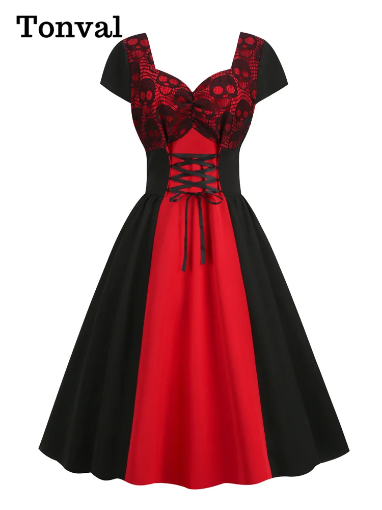 

Tonval Sweetheart Neck Lace Halloween Party Night Dresses Women Cap Sleeve Lace-Up High Waist Red and Black Vintage Dress 2022