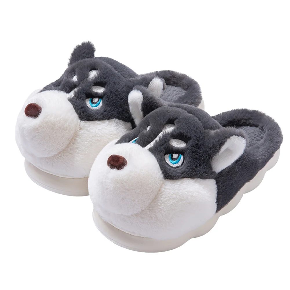 Plush Husky Slippers Plush Closed Toe Slippers Comfortable Flat Thermal Slippers Cute Cartoon Animal Slippers for Indoor Bedroom