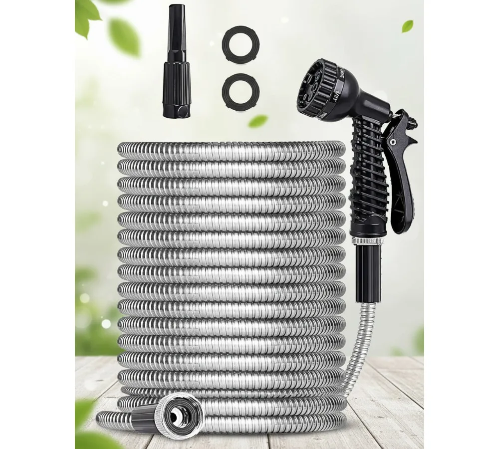 

Садовый шланг из нержавеющей стали 100 футов с регулируемой насадкой, гибкий сверхмощный водяной шланг без ударов для использования на открытом воздухе во дворе