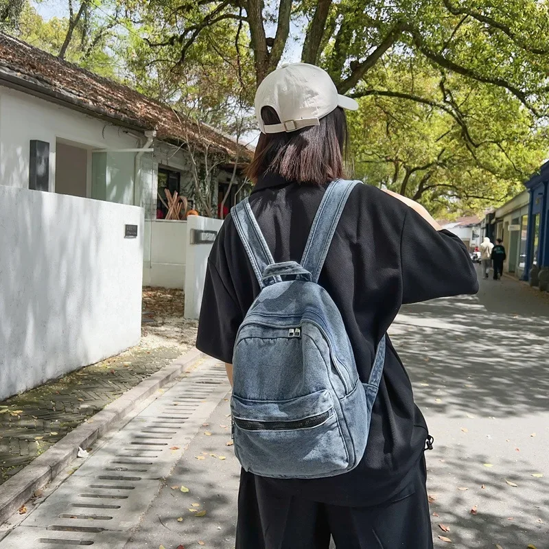 Denim backpack casual simple campus style student schoolbag street fashion travel versatile backpack