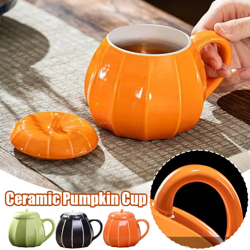 

300ML Halloween Pumpkin Shaped Ceramic Cup Anti-scalding handle Kawaii Soup Mug With Lid Coffee Oatmeal Cup Creative Water Cup