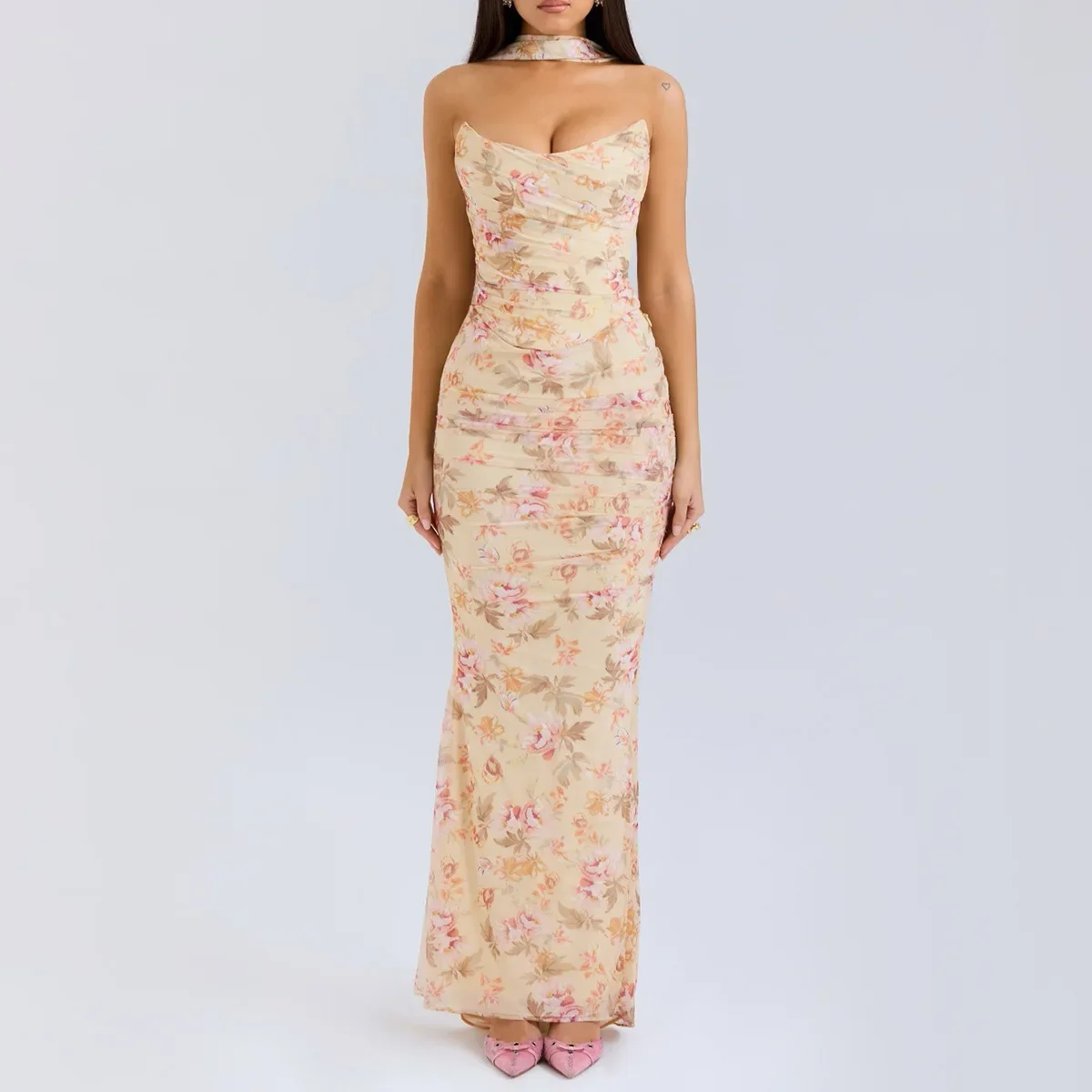 Suninheart Elegant 2 Pieces Dress Set with Scarf Women Fashion Matching Sets Sexy Cropped Top and Long Dress Set Casual Dress