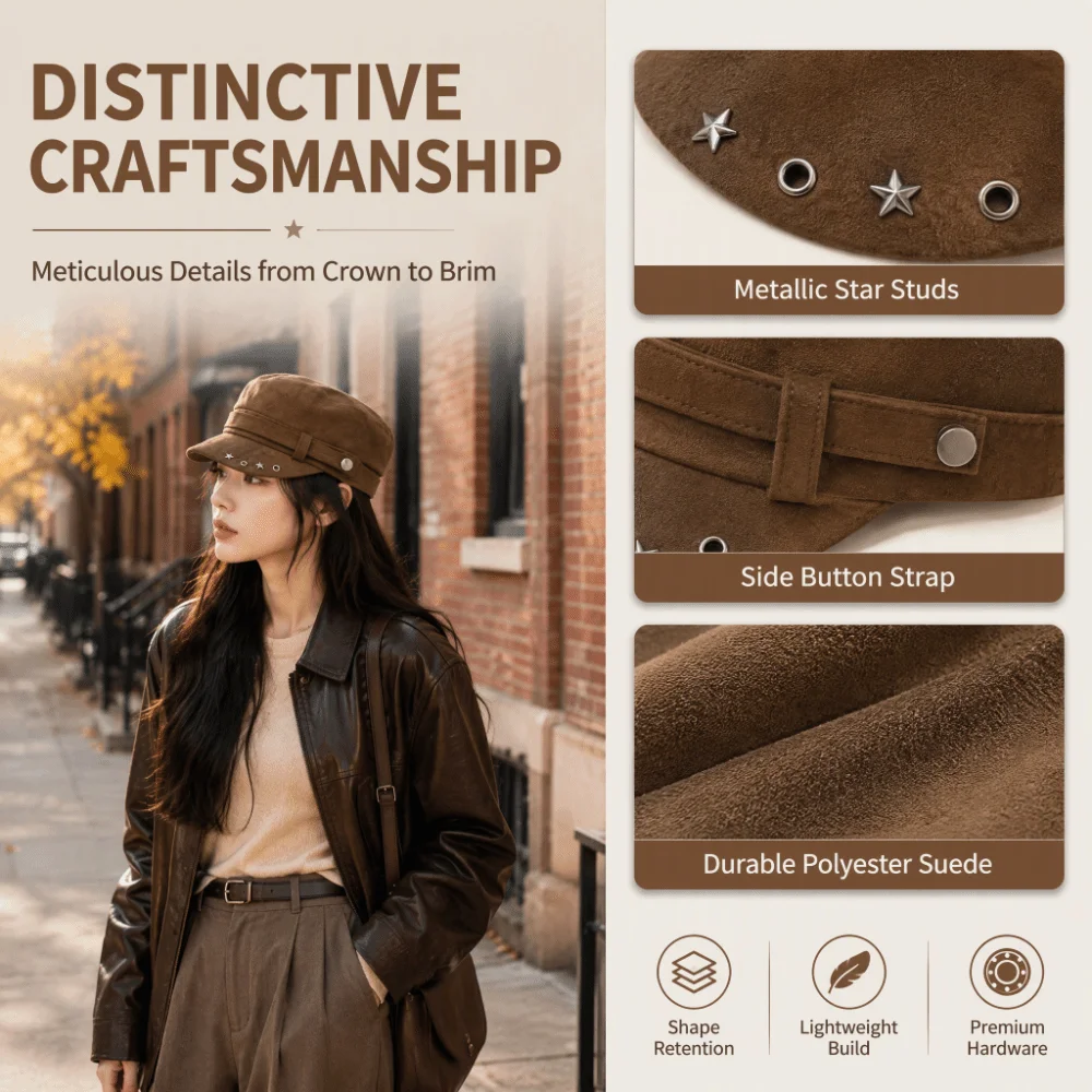 Casual Solid Color Newsboy Peaked Cap Versatile Soft Metal Rivet Hat Sun Protection Windproof Flat Top Hat Women