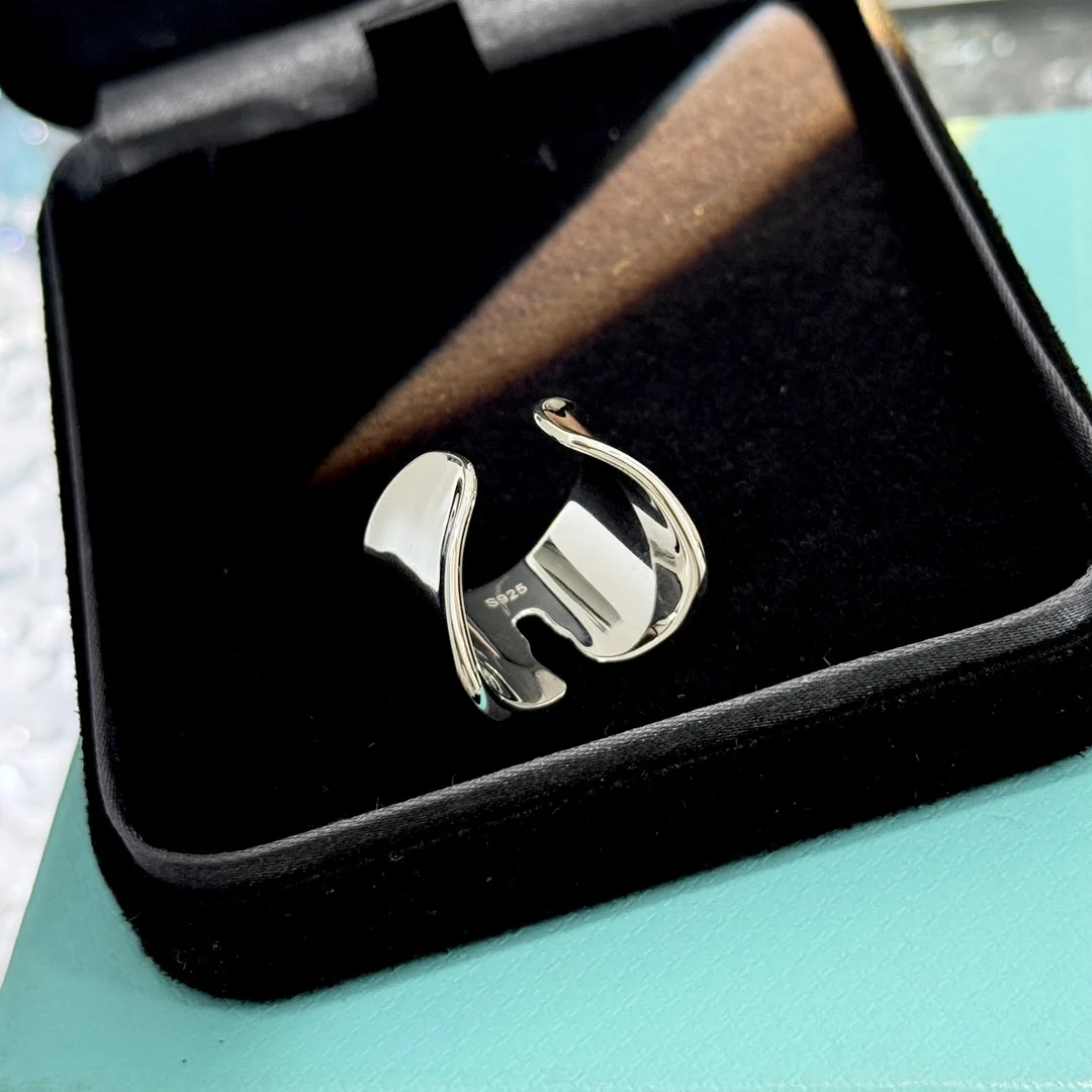 S925 Pure Silver Material Platinum New Irregular Smooth Face Ring Simple and Elegant Opening Adjustable Ring