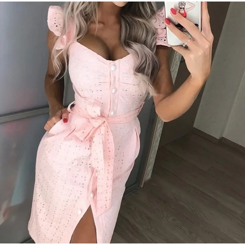 

2024 Summer Dress White Lace Up Sexy Women Midi Vestidos Elegant Ruffled Bodycon Sleeveless Female Dresses Buttons Belt Robe New