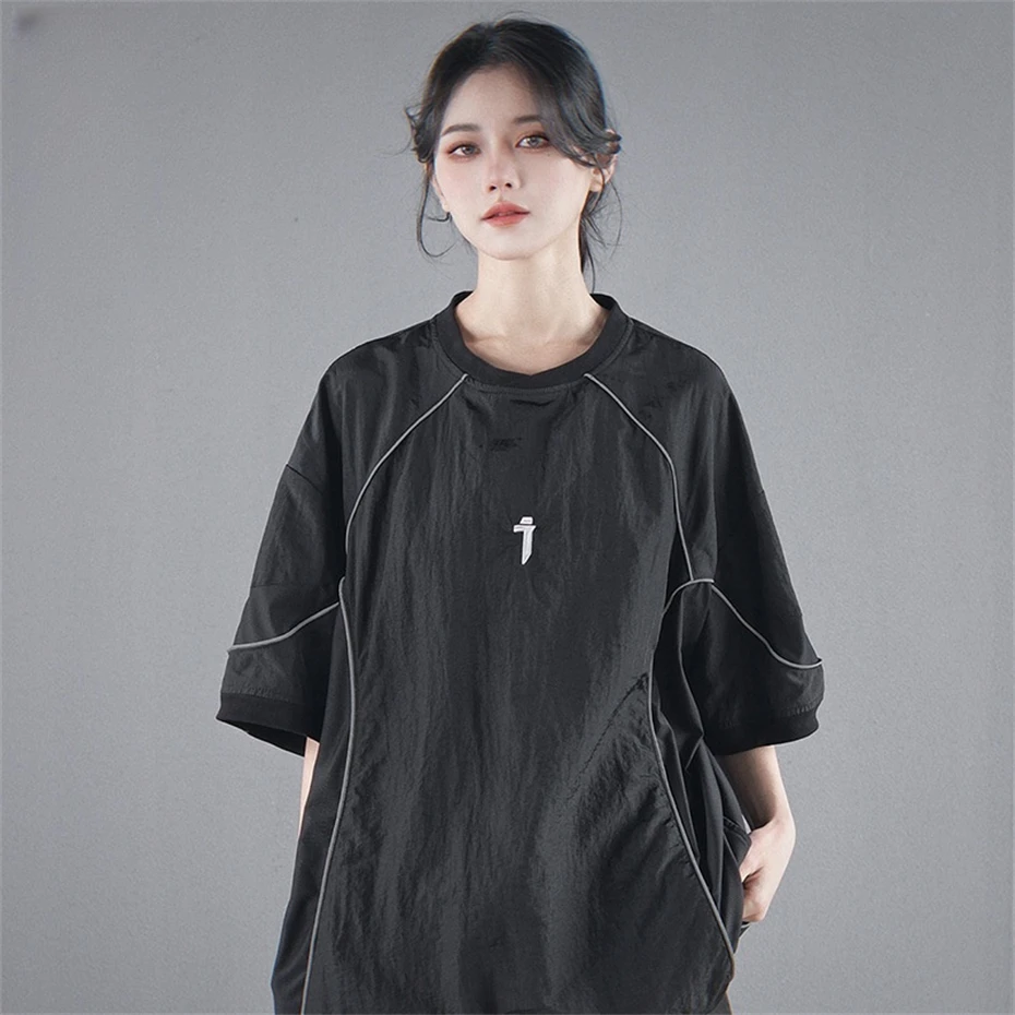 Techwear Summer Cargo T-shirts Women Punk Hip Hop Short Sleeve T Shirt Oversized Streetwear Reflective Article Casual Tee Tops