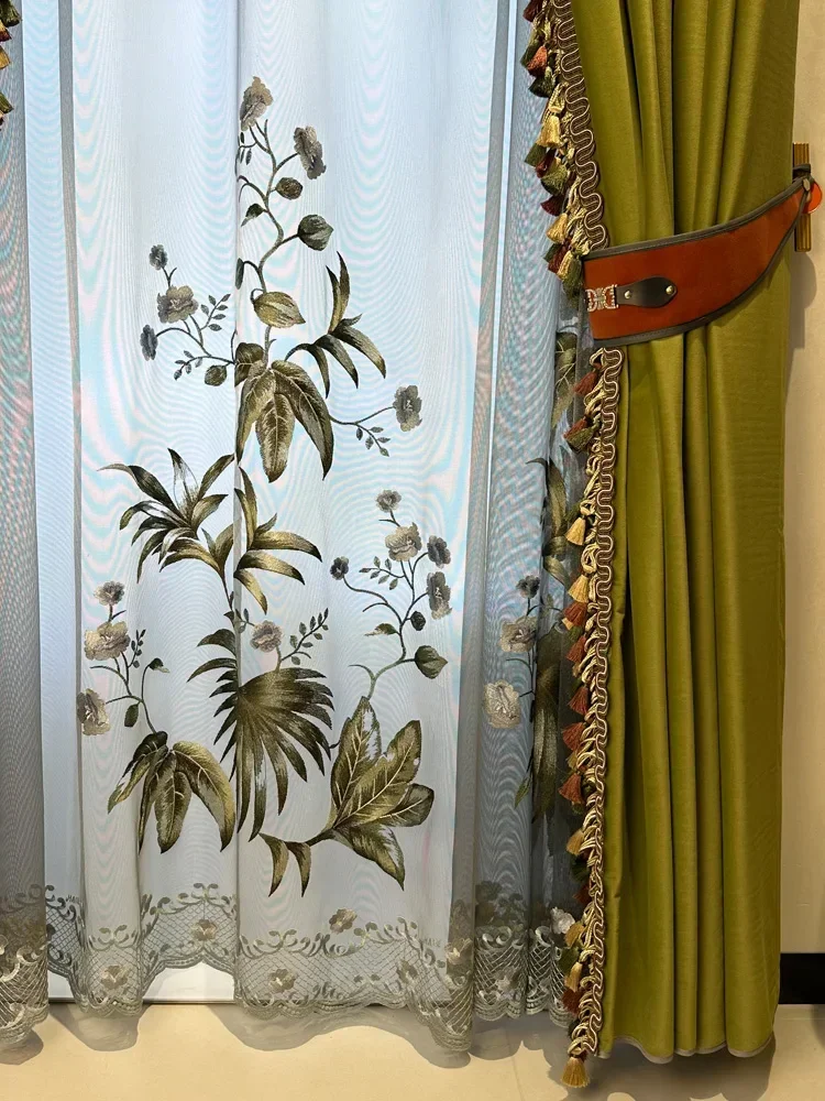 New Chinese Embroidered Window Screen Matcha Green Velvet Lace Splicing Thickened Curtains for Living Room Bedroom French Window