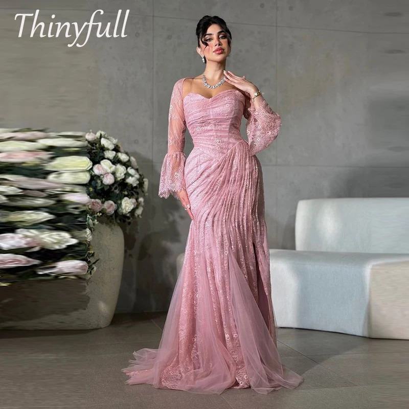 

Thinyfull Mermaid Saudi Arabia Prom Dresses Sweetheart Full Sleeves Lace Evening Party Gown Outfit Dubai Special Occasion Dress