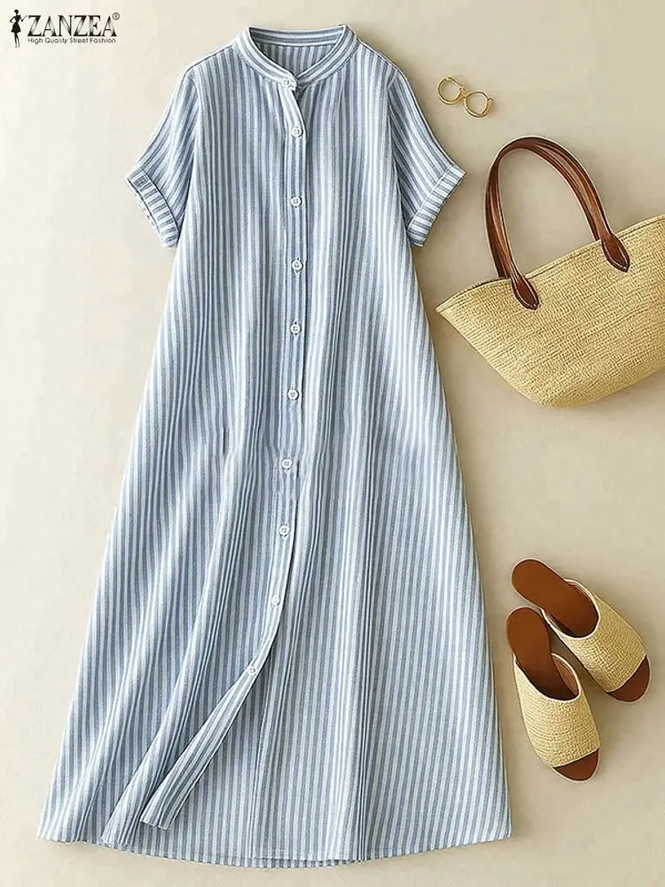 

ZANZEA Women's Casual Striped Midi Dresses Stand Collar Short Sleeve Buttons Shirtdress Spring Summer Holiday Woman Clothes 3XL
