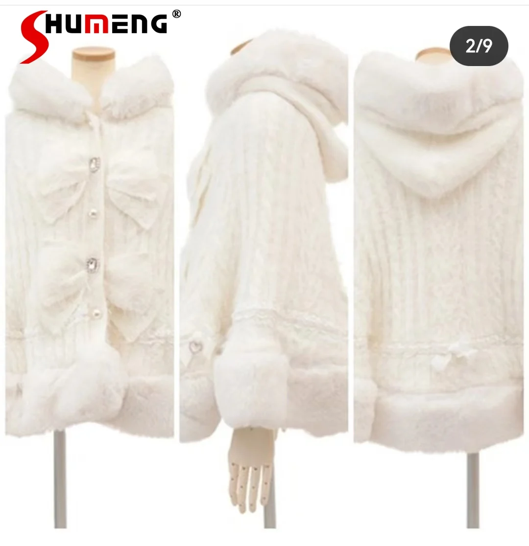 Imagem -05 - Capa com Capuz de Pele de Coelho de Imitação Feminina Cabolsa de Inverno Feminino Capas Peludas Pretas Jaqueta Feminina Clássica Estilo Japonês Doce Fofo 2023