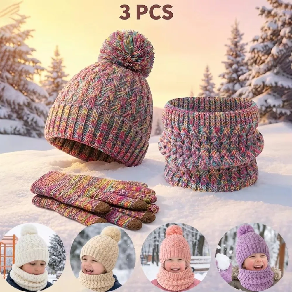 Soft Solid Color Baby Hat Scarf Gloves Set Warm Ears Thickened Toddler Knitted Hat Keep Warm with Velvet Kids Hat Set Gift