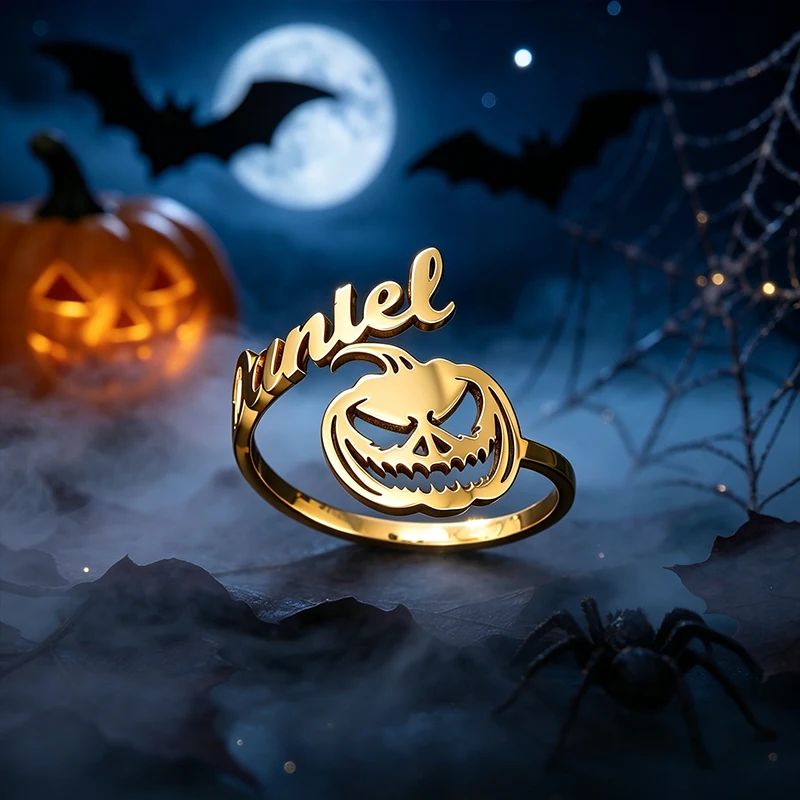 Custom Halloween Angry Pumpkin Name Open Ring Personalized Jewelry Women Stainless Steel Ring Personal Design Girlfriend Gift