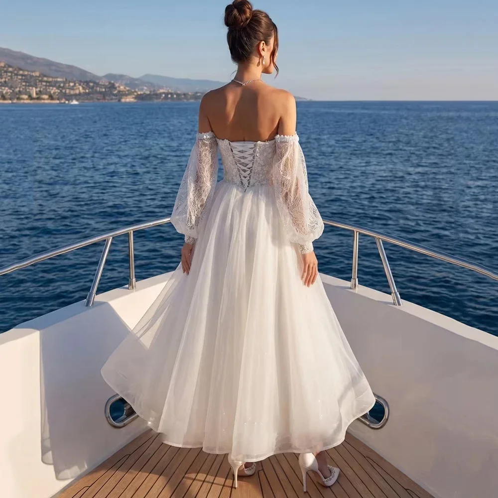 Tulle Wedding Dresses New Puff Sleeves A-line Sweetheart Neck Sequined Lace Appliques Ankle Length Bridal Gown Vestidos De Novia