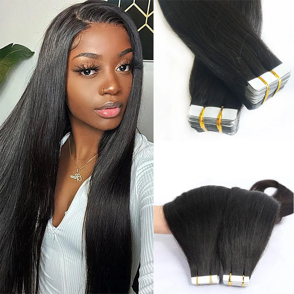 Straight Tape In Human Hair Extensions 20Pcs/50G Natural Black Brazilian Remy Tape In Hair Extensions For Women 16 To 26 Inches