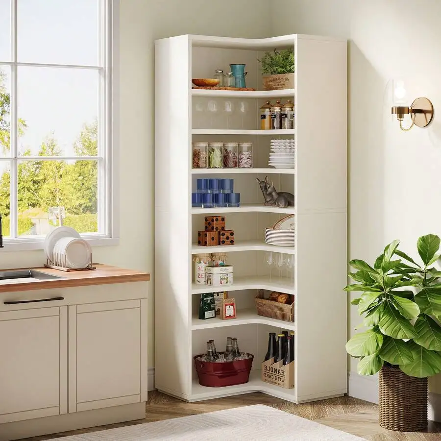 LITTLE TREE Corner Shelf, Modern 9-Tier Corner Bookshelf, Easy-To-Assemble, Wooden Standing Display Shelf, 64.96