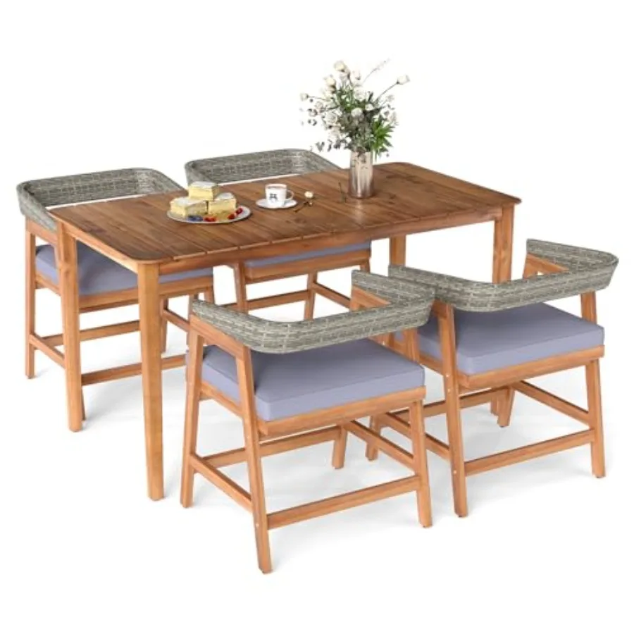 

5 Piece Patio Dining Set for 4 Outdoor Solid Wood Rectangle Table with Cushioned Armrest Chairs in Brown for Deck Poolside Outs
