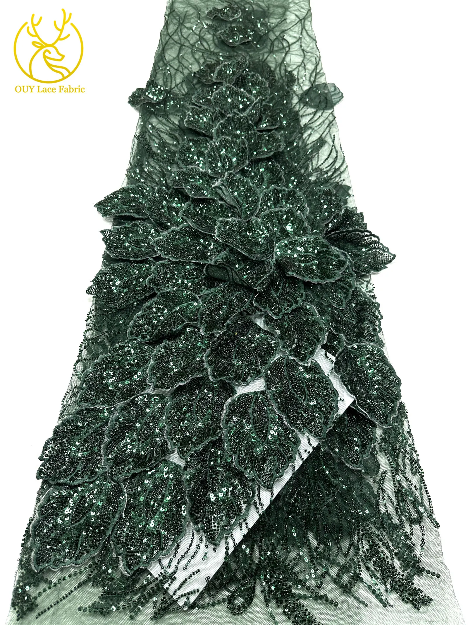 Nigerianischer 3D-Stickerei-Blatt-Spitzenstoff 5 Yards Afrikanische DIY-Stickerei Perlen-Pailletten-Spitze Tüll-Netzspitze Damen-Abendkleid – Detail 27