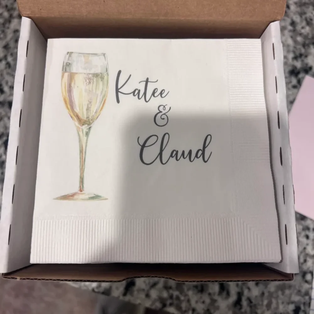 

50Pcs Personalized Couples Shower Napkins, Custom Champagne Glass Cocktail Napkins, Wedding Engagement Party Dinner Napkins