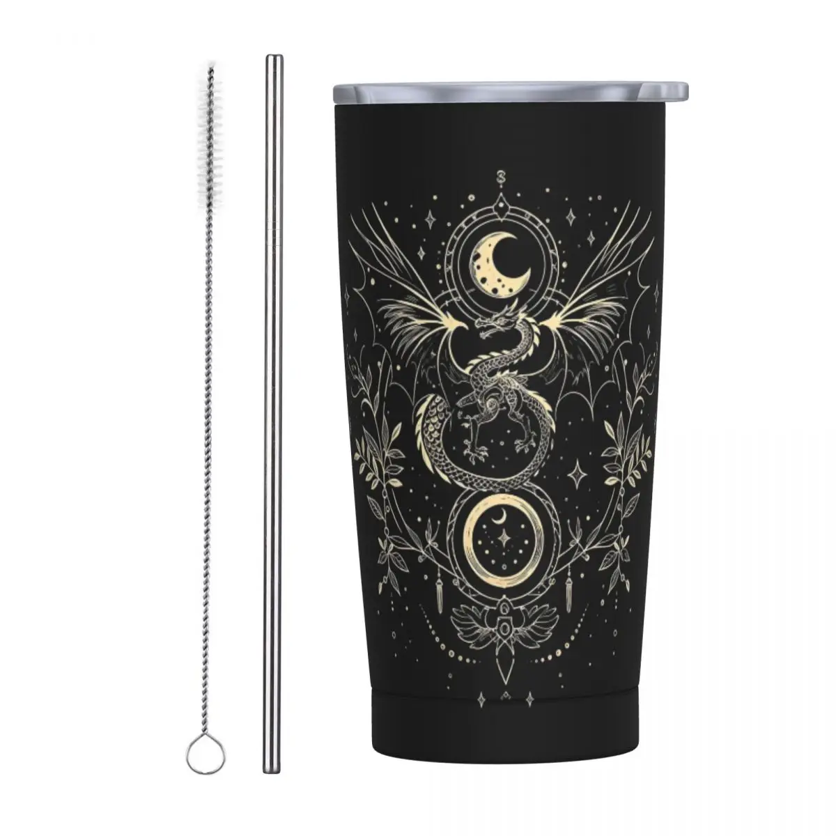 Celestial Dragon And Moon Graphic Tee Mystical Floral Print Stainless Steel  Vacuum Mugs Thermal Cold Cups Straws With Lid