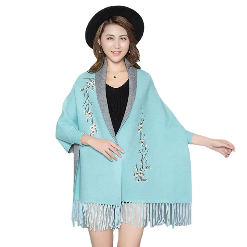 

16 Colors Women Long Sleeve Wrap Vintage Air Conditioner Cape Female Tassel Knitted Scarf Winter Embroidered Plum Blossom Poncho