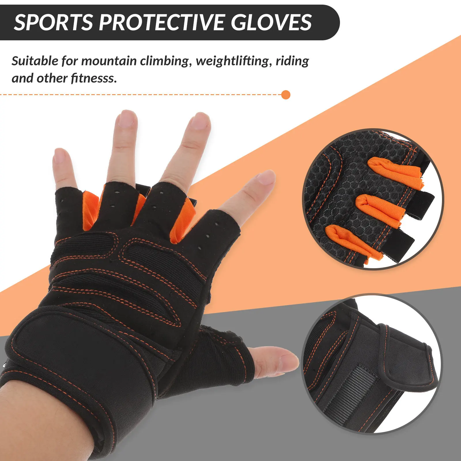 1Pair Fitness Half-Finger Gloves Orange Black Size L Breathable Elastic Anti-Slip Shock Absorbing for Riding Weightlifting