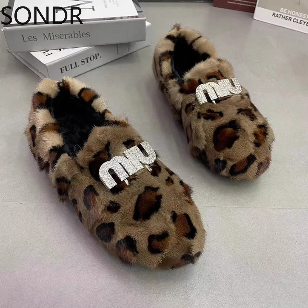 Womens Real Mink Fur Loafers Rhinestones Crystal Furry Flats Shoes Round Toe Warm Winter Snow Leopard Mixed Colors New 2024