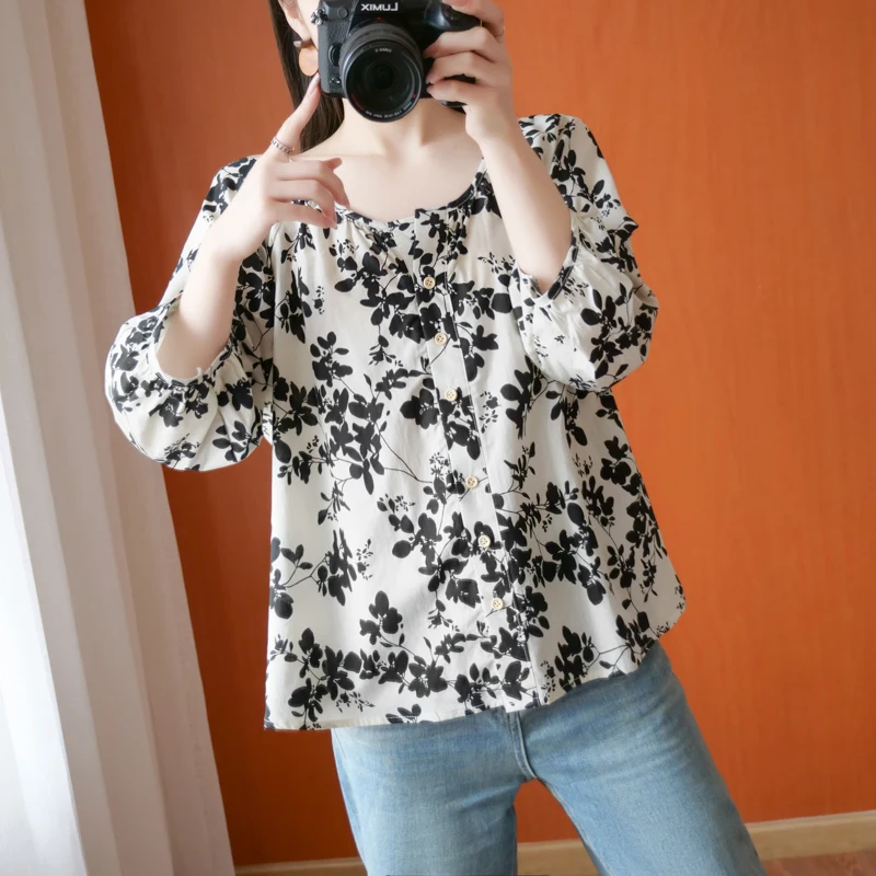 

Summer Commute Loose V-Ne Single Button Lantern Sve Floral Doll irt T-irt Casual Versatile Cotton Blend Top