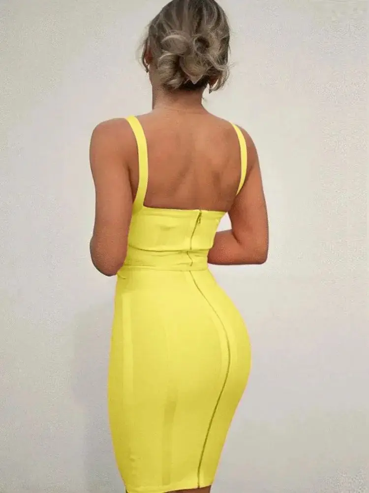 2025 cinturón fajas amarillo brillante chica vendaje vestido de invierno vestido de celebridad ceñido al cuerpo fiesta clásico Vintage Vestidos XL