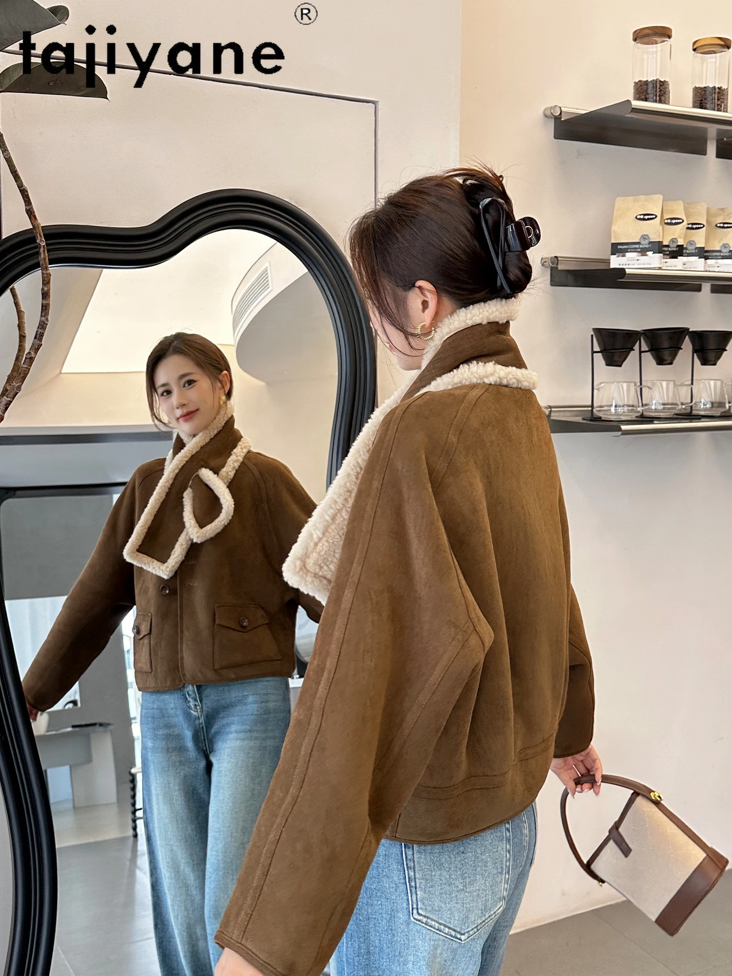 TAJIYANE 100% 리얼 울 코트와 스카프 여성용 시크 리버시블 숏 양털 외투 겨울 여성 의류 2025