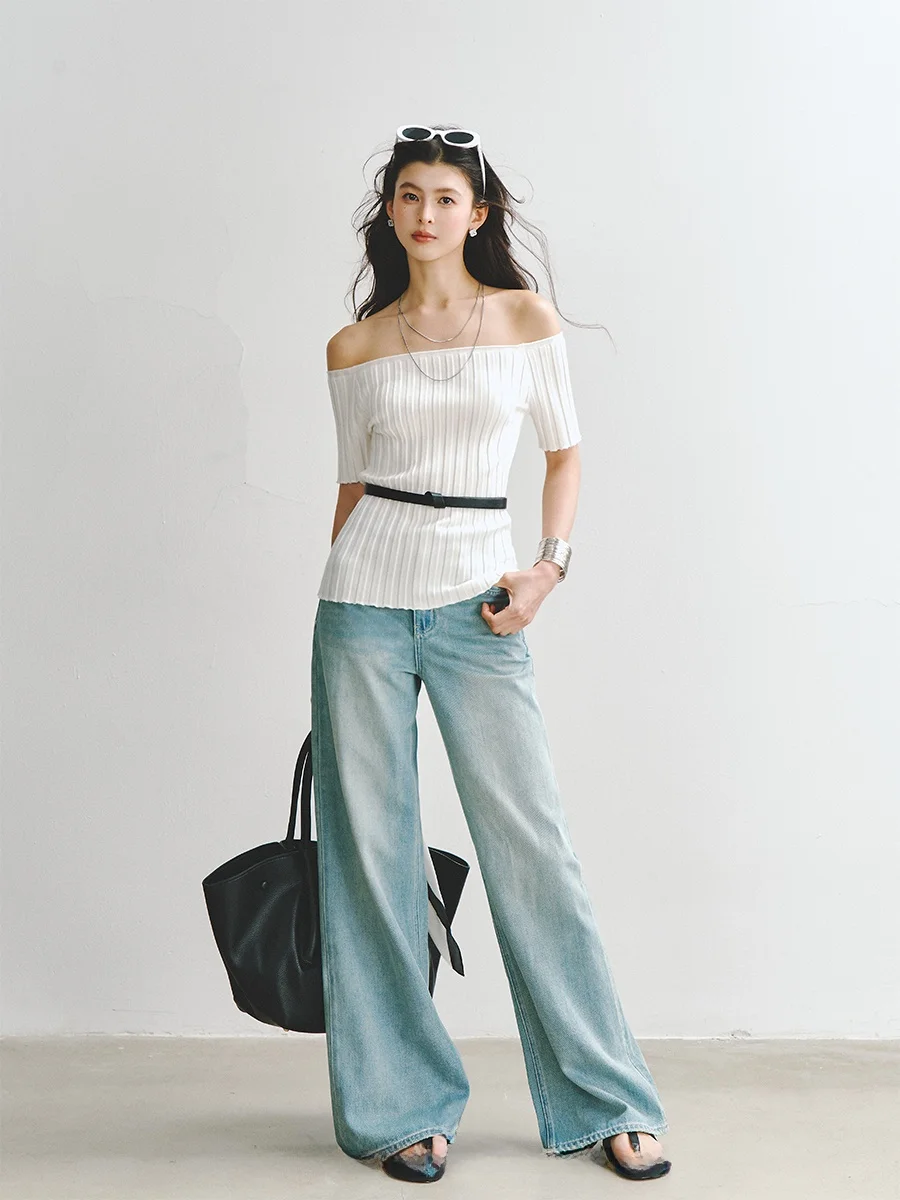 

Attia GLOWY Denim Free Form Wide Leg Jeans Women Summer Thin Waed Loose Cotton Stretch Blue Jeans Casual Fem Pants