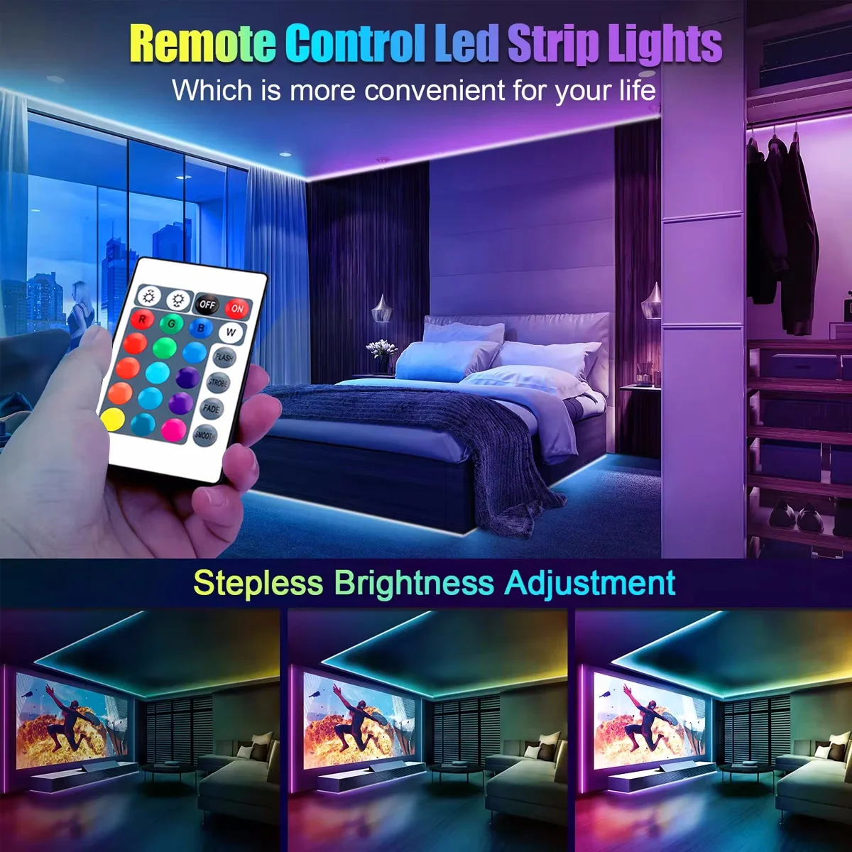 RGB LED Strip Lights For Bedroom TV Living Room Desk Home Christmas Party Decor,With 24-Key Remote, App Control Rope Light