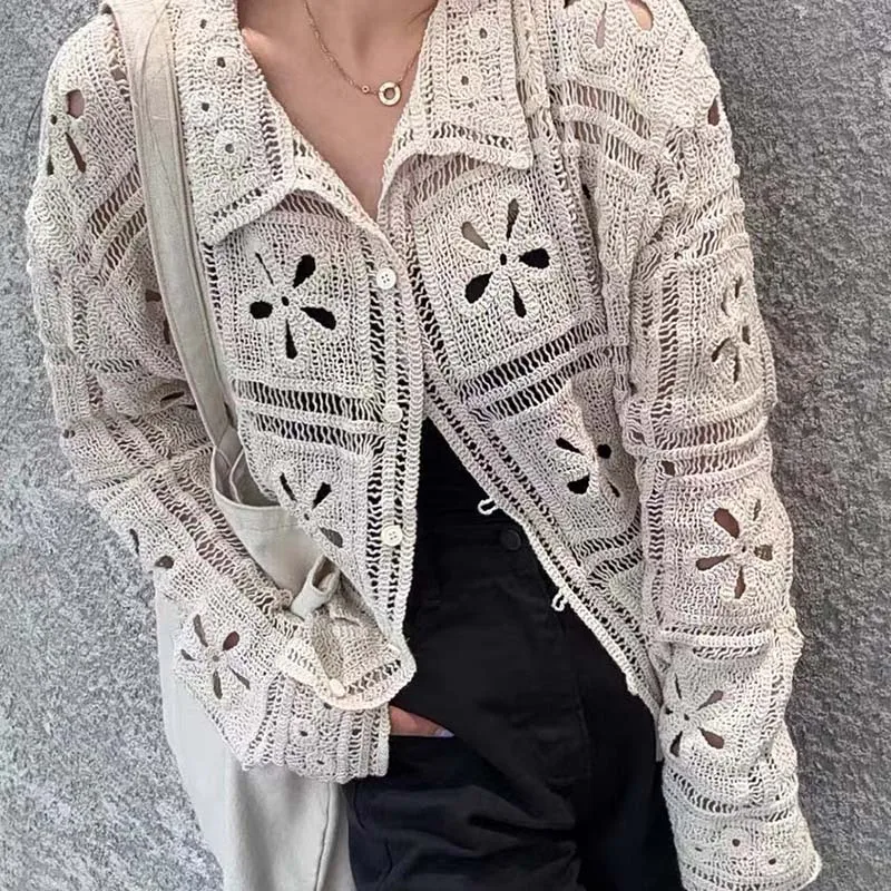 보링 허니 레트로 크로셰 뜨개질 속이 비치는 가디건, 초가을 신상 라펠 고품질 올매치 탑 싱글 버튼 가디건 코트
