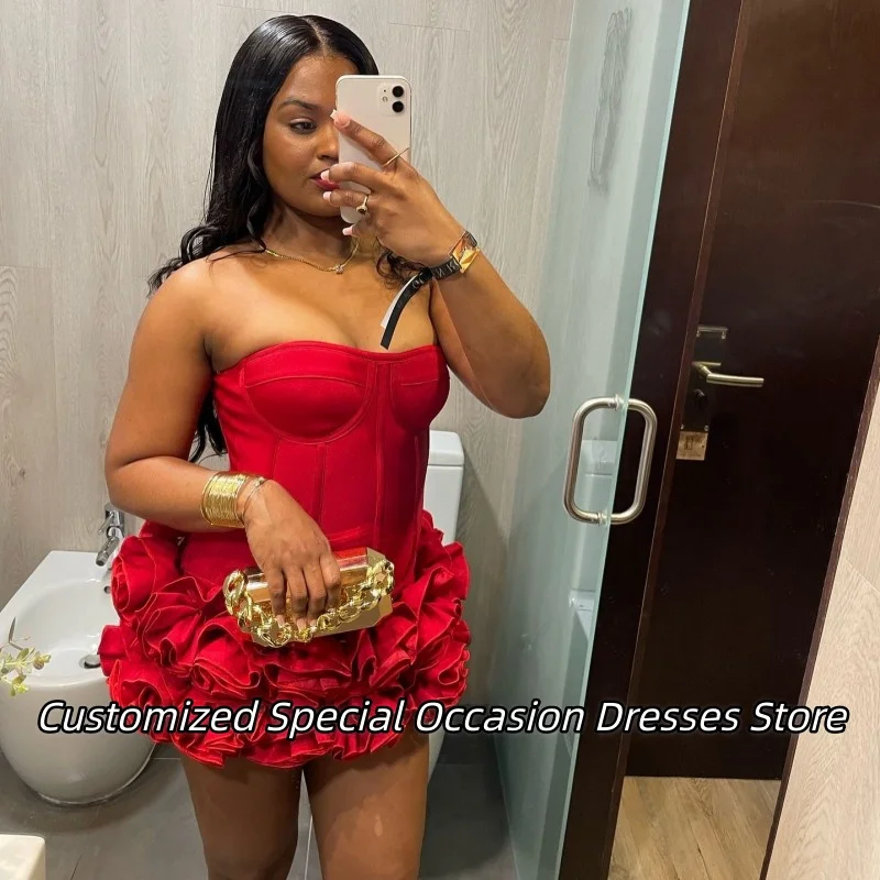 

Charming Red Strapless Birthday Dresses With Tiered Ruffles Sexy Women Customized Homecoming Dress Prom Gowns Vestido De Festa