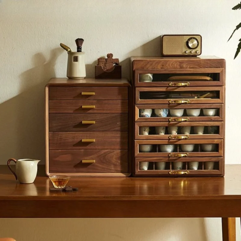 Wooden Tea Cup Storage Cabinet Retro Tea Set Display Box Desktop Bracelet Organizer Case Large Capacity Pendant Organizer Boxes