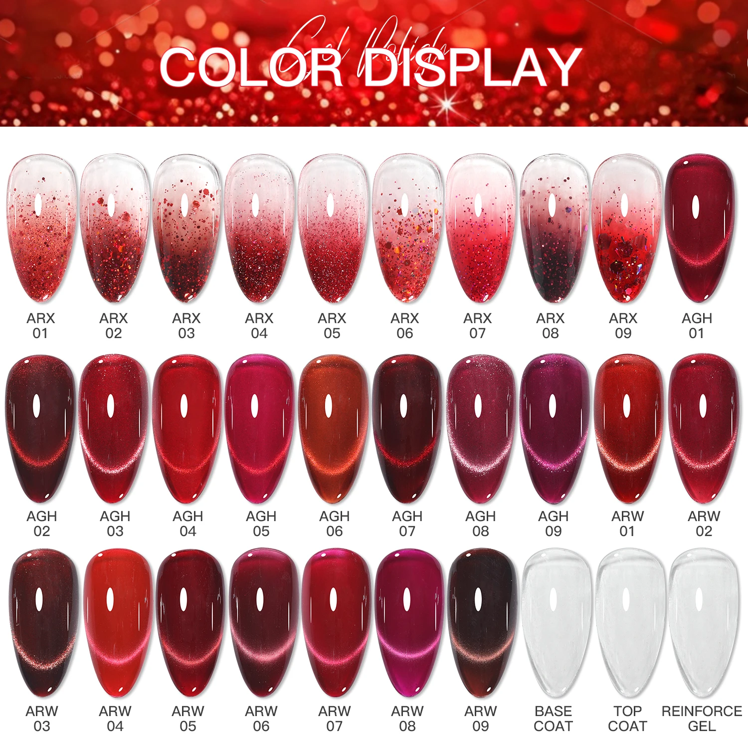 30個入り 15ml ルビーレッド キャッツアイ マグネットジェルネイルポリッシュセット トップベースグリッターガラスセミパーマネントヴァーニッシュジェル ディスプレイ付き