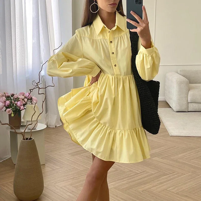 

Simple Long Sleeve Ruffle Dress Autumn Female Loose Turn-Down Collar Shirt Dress Women Oversized Stitching Pleated Mini Dress