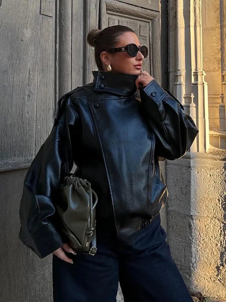 Jaqueta Feminina de Couro Sintético HH 2026, Gola Alta, Manga Longa, Casaco com Zíper, Jaqueta Vintage de Motociclista, Moda Urbana Feminina