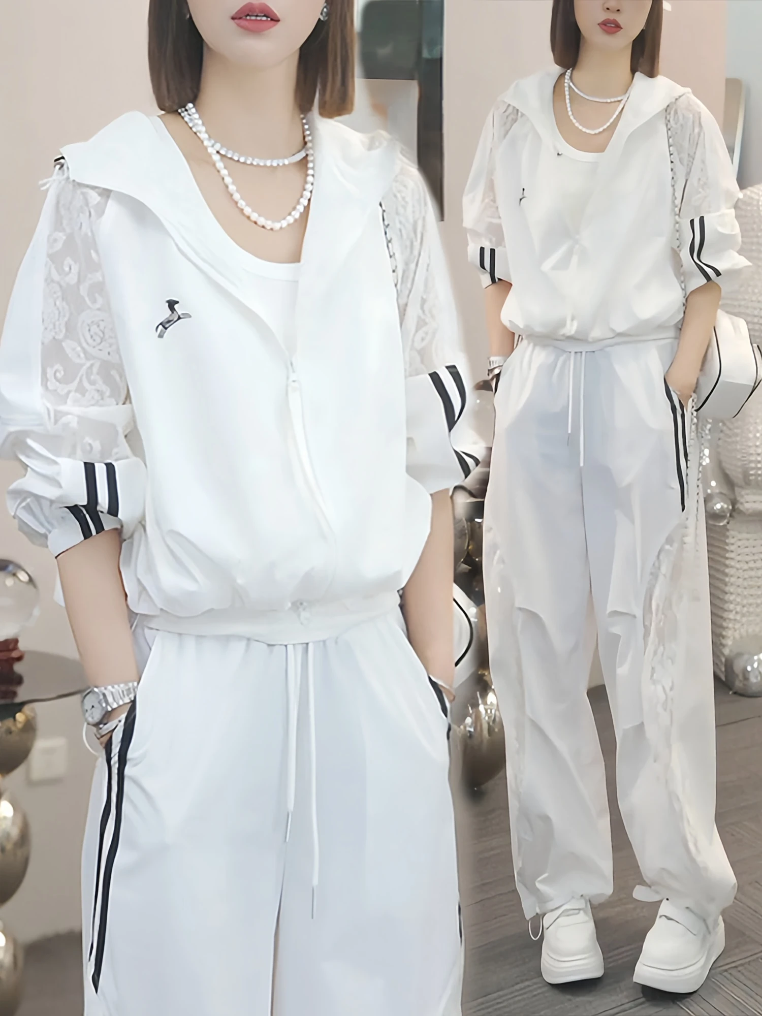 

White Casual Sportswear Set Women Summer 2026 New Loose Hooded Sun Protection Jacket Casual Long Pants Two-Piece Set