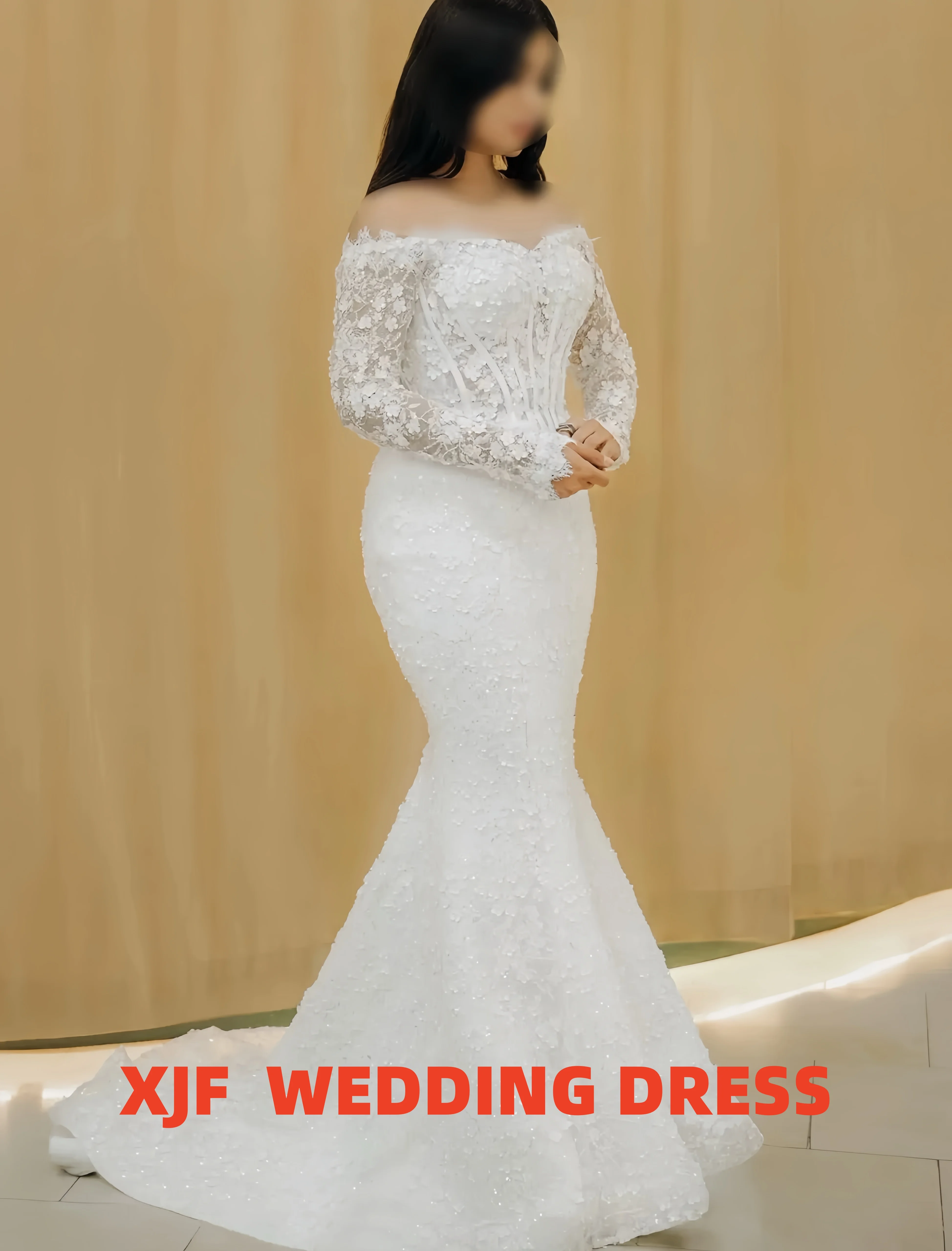 Personalizado dulce cuello de manga larga de encaje de sirena elegante sexy de talla grande vestido de mujer vestidos de novia