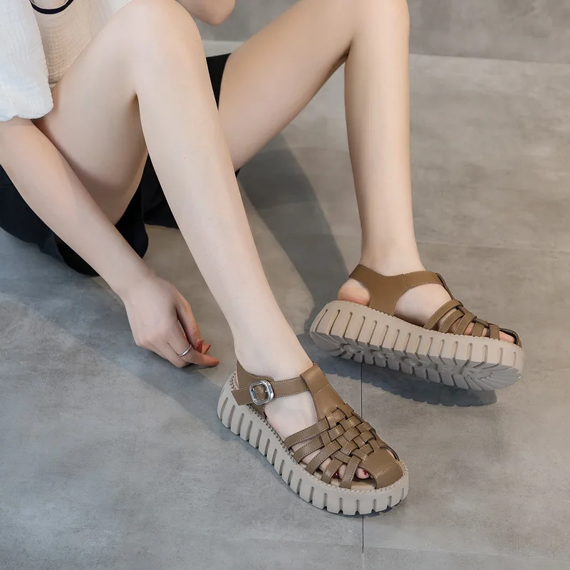 DRKANOL 2024 Handmade Weave Chunky Sandals Women Summer Genuine Leather Buckle Jagged wedges Heel Platform Casual Roman Sandals