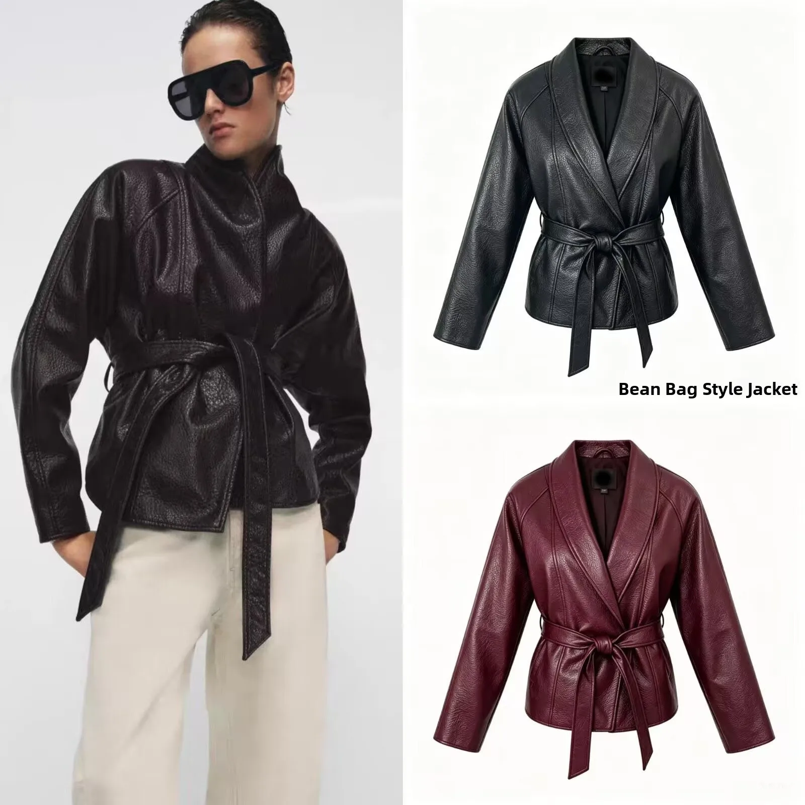 

Spring Summer New Women's High Collar PU Leather Effect Jacket with Belt ZR Style Standard Fit Long Sleeve Coat for Ladies