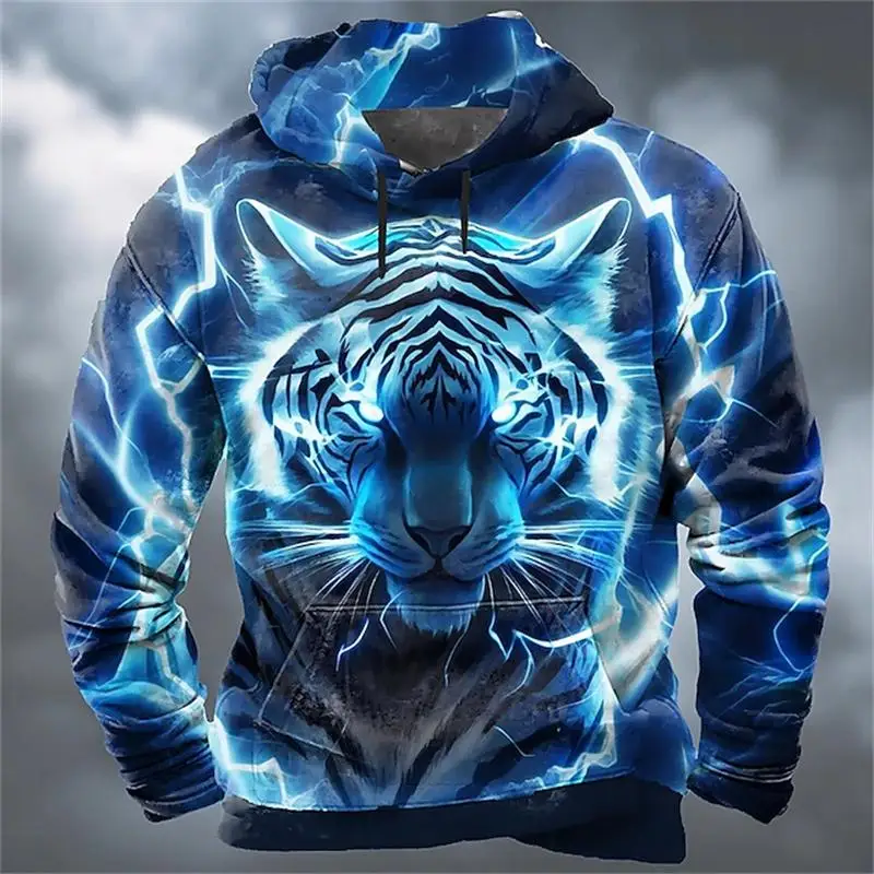 Men Gothic Hoodie Multi Print Smoke Flame Skull Lightning Tiger 3D Full Print Halloween Street Long Sleeve Pullover