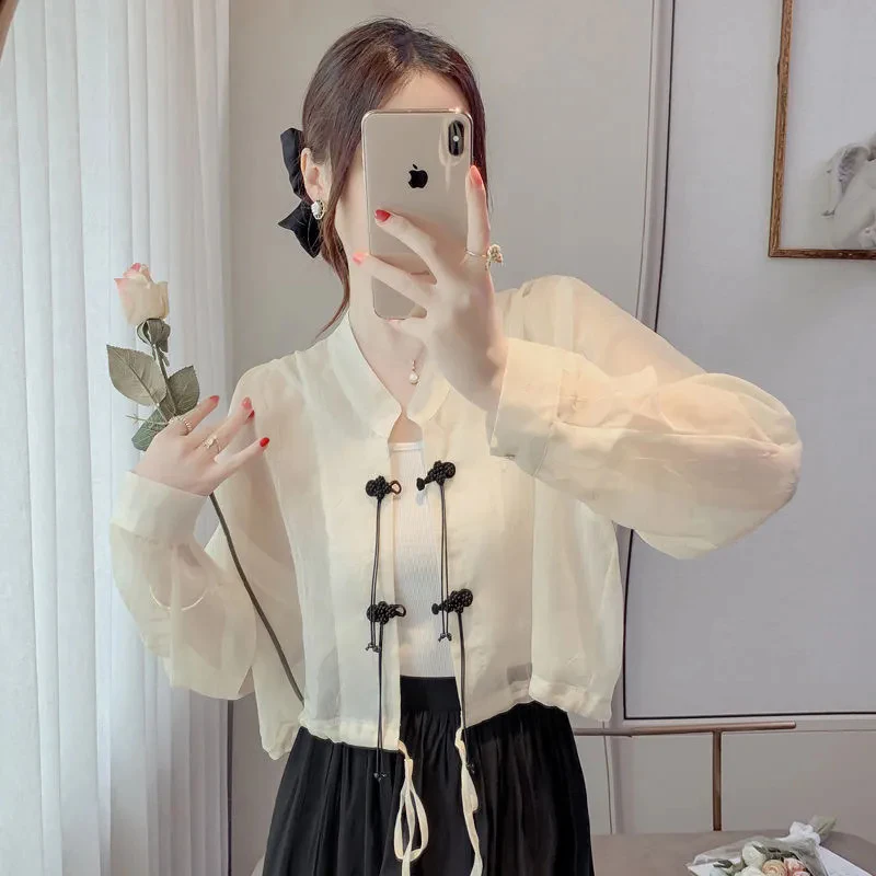 2026 chinese vintage women's summer retro chinese style jacquard sunscreen clothing new chinese style button long sleeve top