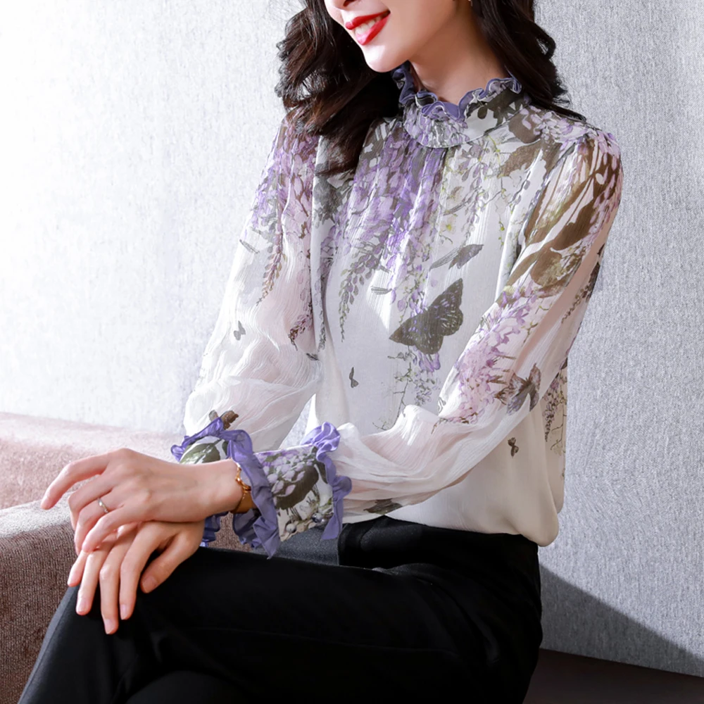 Elegant Printed Shirts Women Long Sleeved Fashion Women Silk Blouses 2024 Autumn Casual Ruffles Design Women Tops Blusas Mujer