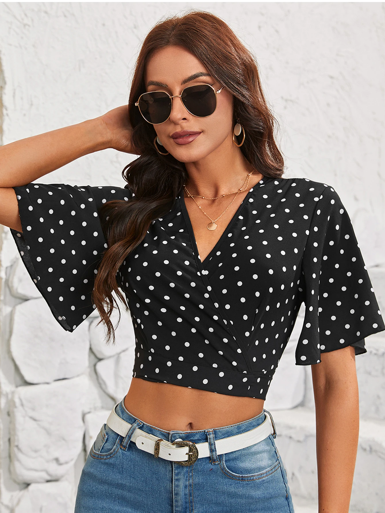 Fashion Elegant Back Bandage Women Crop Tops With Ruffled Sleeves Retro Classic Polka Dot Chiffon Shirts for Ladies