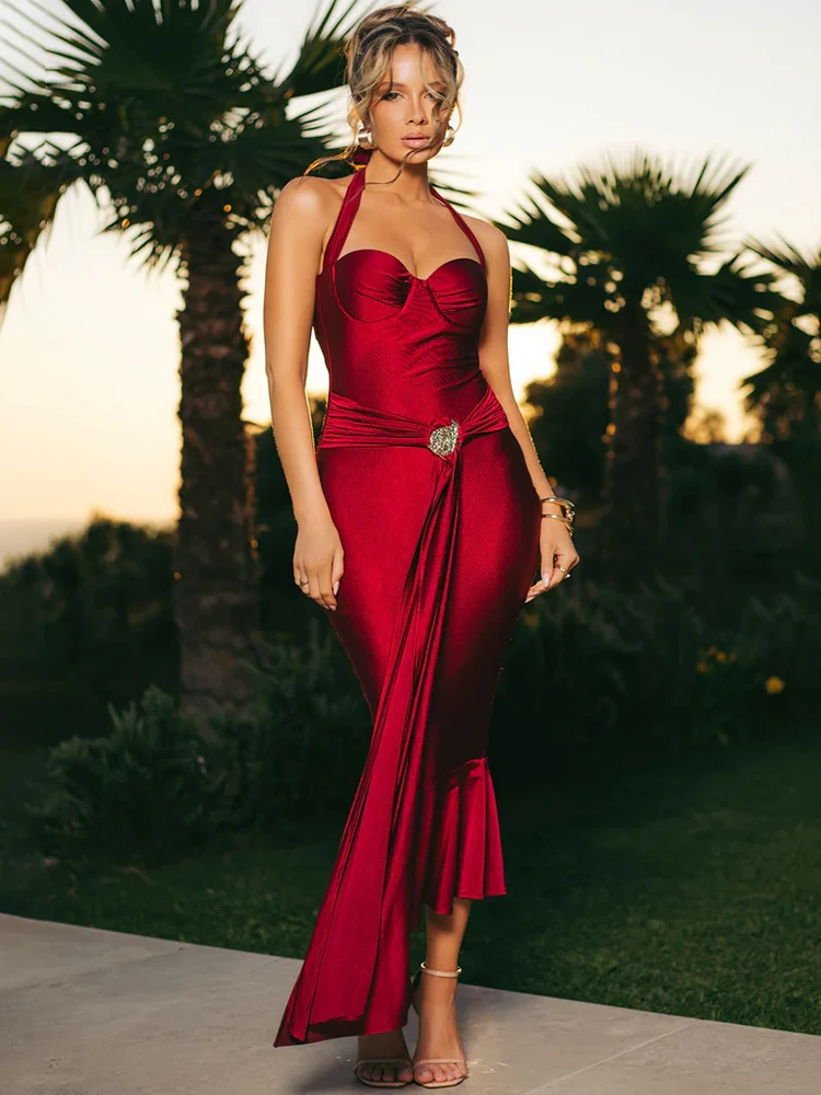 Mozision satén espalda descubierta drapeado Sexy Maxi vestido mujer moda lentejuelas Halter sin mangas acanalado ceñido al cuerpo Club vestidos largos de fiesta