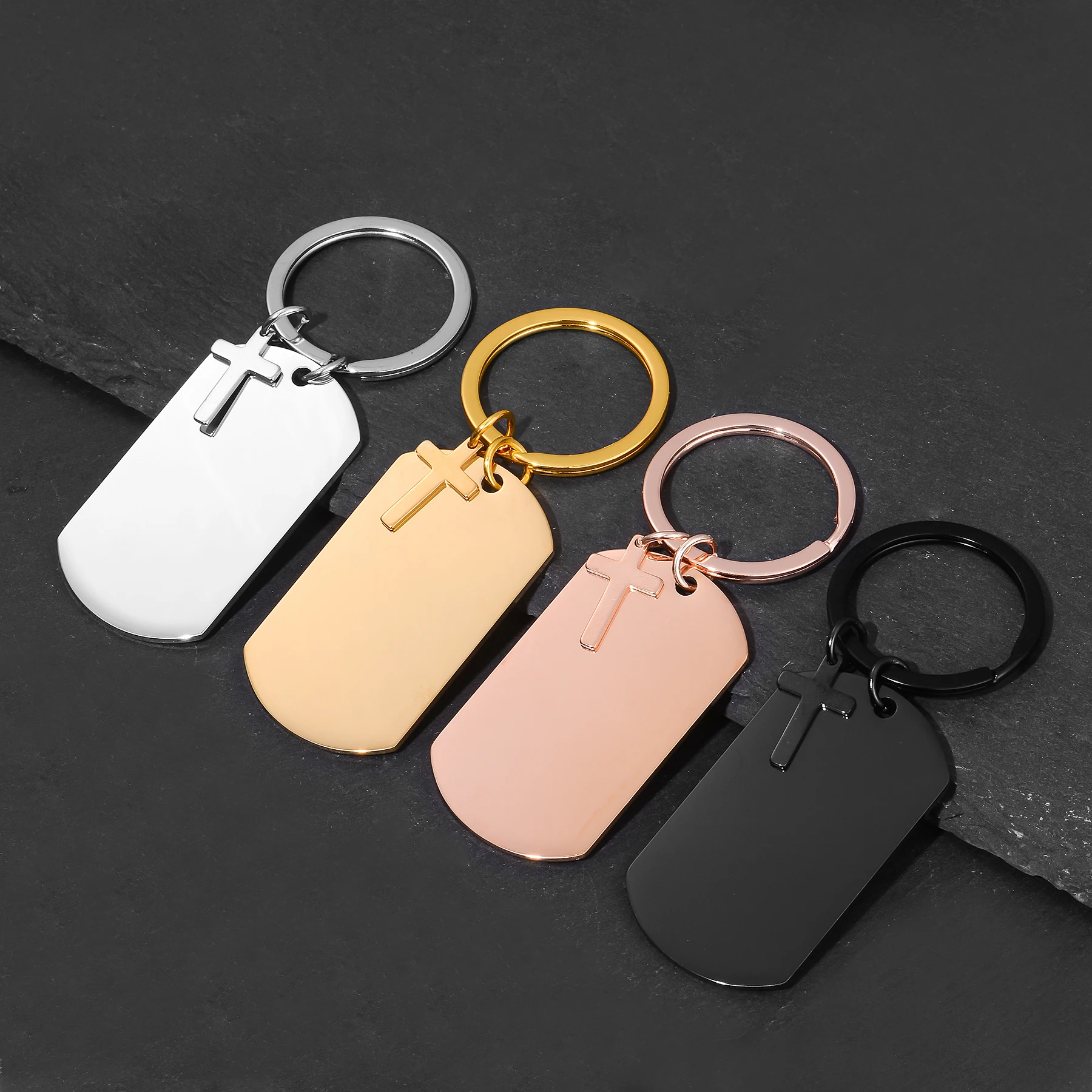 

10Pcs Wholesale Rectangle Key Chain with Cross Pendant Mirror Polish High Quality Stainless Steel Blank Keyring